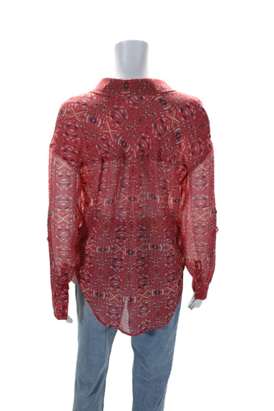 Free People Womens Long Sleeve Button Collar Sheer Blouse Red Size XS