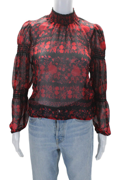 BB Dakota Womens Floral Printed Elastic Mock Neck Floral Blouse Red Size S