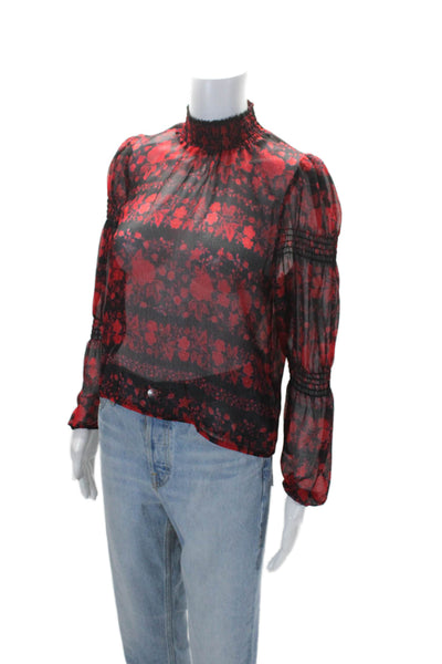 BB Dakota Womens Floral Printed Elastic Mock Neck Floral Blouse Red Size S