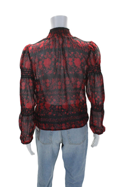 BB Dakota Womens Floral Printed Elastic Mock Neck Floral Blouse Red Size S