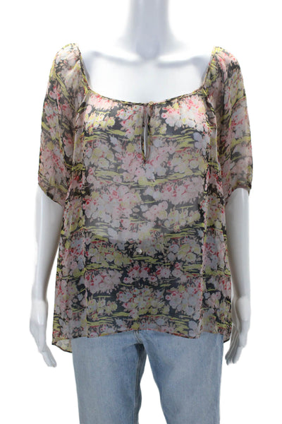 Joie Womens Silk Short Sleeve Floral Print Scoop Neck Blouse Pink Size S