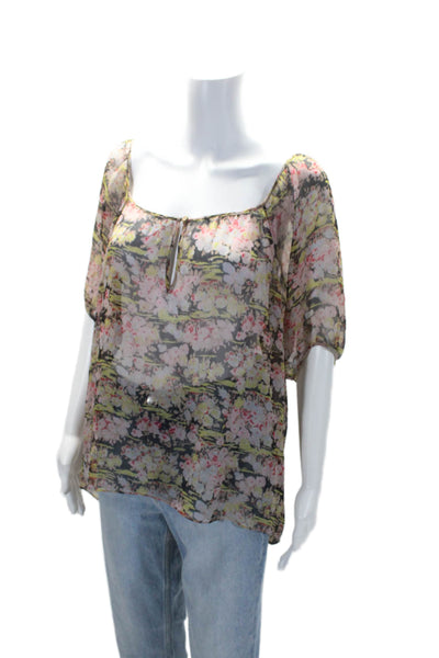 Joie Womens Silk Short Sleeve Floral Print Scoop Neck Blouse Pink Size S