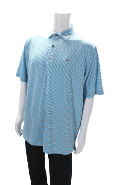 FJ Mens Collar Button Short Sleeve Stripped Basic Polo Shirt Blue Size L