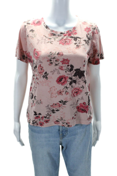 Maje Womens Floral Print Short Sleeves Pullover Tee Shirt Pink Cotton Size 1