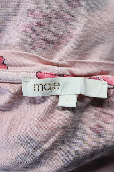 Maje Womens Floral Print Short Sleeves Pullover Tee Shirt Pink Cotton Size 1