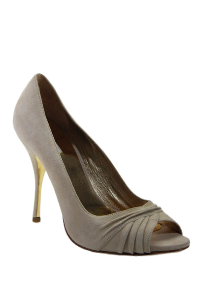 Miu Miu Womens Suede Open Toe Slim Heel Pumps Natural Beige Size 37.5 7.5