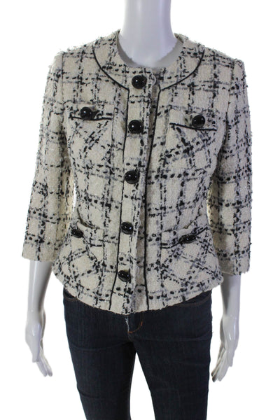 Milly Of New York Womens Tweed Button Down Jacket White Black Wool Size 4