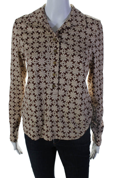 J. Mclaughlin Womens Silk Brown Printed Collar Henley Neck Blouse Top Size S