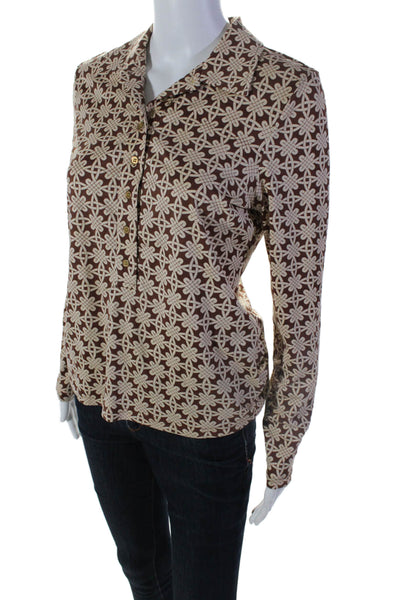 J. Mclaughlin Womens Silk Brown Printed Collar Henley Neck Blouse Top Size S