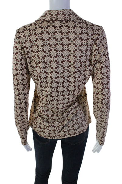 J. Mclaughlin Womens Silk Brown Printed Collar Henley Neck Blouse Top Size S