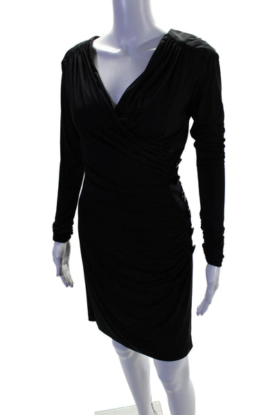 Aidan Mattox Womens Long Sleeve Gathered V Neck Button Detail Dress Black Size 2