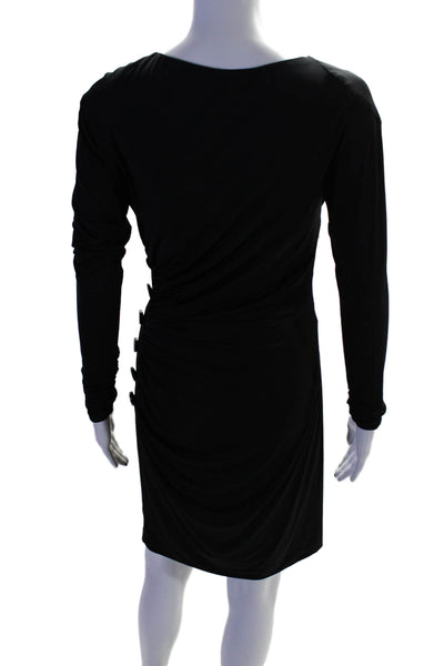 Aidan Mattox Womens Long Sleeve Gathered V Neck Button Detail Dress Black Size 2