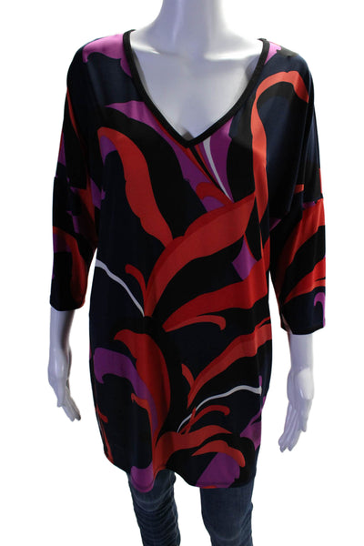 Trina Trina Turk Womens Abstract Print V Neck Long Sleeve Blouse Multi Size M