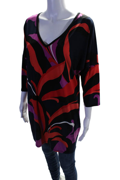 Trina Trina Turk Womens Abstract Print V Neck Long Sleeve Blouse Multi Size M