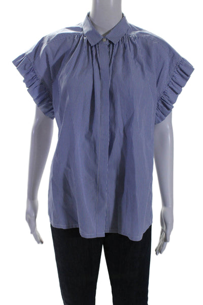 Trovata Womens Cotton Button Down Collar Ruffle Sleeve Stripe Blouse Blue Size S