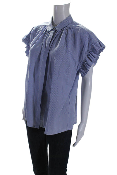 Trovata Womens Cotton Button Down Collar Ruffle Sleeve Stripe Blouse Blue Size S