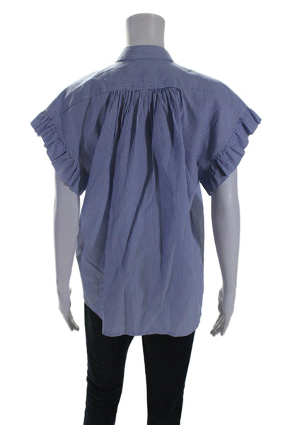 Trovata Womens Cotton Button Down Collar Ruffle Sleeve Stripe Blouse Blue Size S