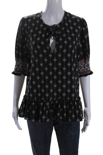 Misa Womens Short Sleeve Ruffle Floral Print Tie Front Blouse Black Size M