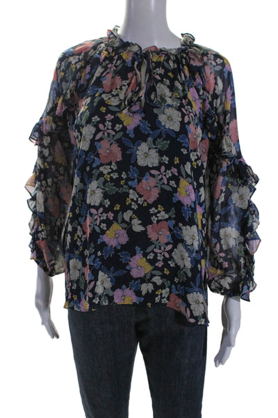 Shoshanna Womens Silk Ruffle Long Sleeve Floral Print Blouse Navy Size M