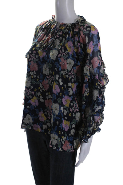 Shoshanna Womens Silk Ruffle Long Sleeve Floral Print Blouse Navy Size M