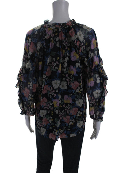 Shoshanna Womens Silk Ruffle Long Sleeve Floral Print Blouse Navy Size M