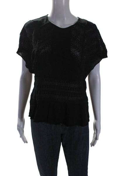 IRO Womens Lace Detail Round Neck Short Sleeve Pullover Blouse Top Black Size 40