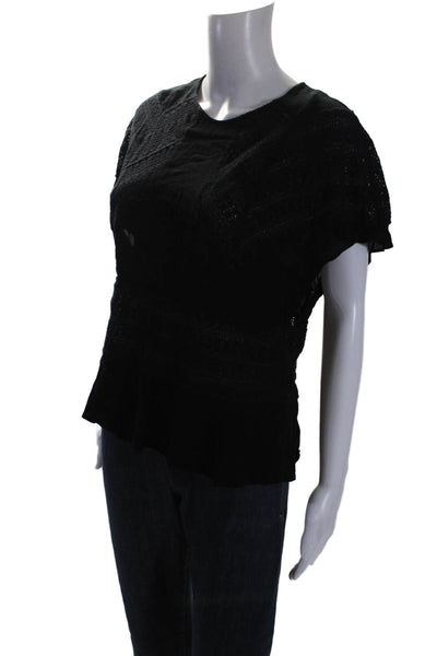 IRO Womens Lace Detail Round Neck Short Sleeve Pullover Blouse Top Black Size 40