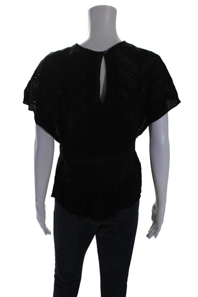 IRO Womens Lace Detail Round Neck Short Sleeve Pullover Blouse Top Black Size 40