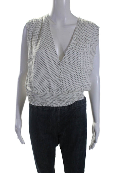 Alice + Olivia Womens Ruched Polka Dot V-Neck Sleeveless Blouse Top White Size L