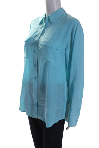 Equipment Femme Womens Silk Collar Long Sleeve Button Up Blouse Top Blue Size M