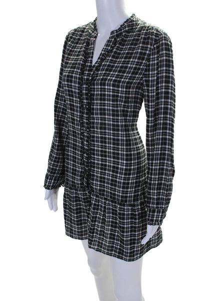 Joie Womens Plaid Button Down Shirt Dress Black White Cotton Size Medium