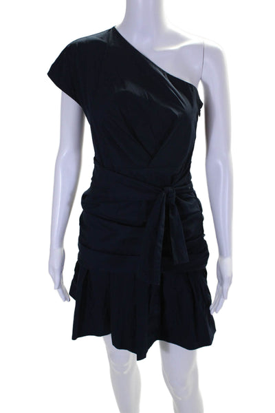 10 Crosby Derek Lam Womens One Shoulder Belted Dress Navy Blue Cotton Size 2