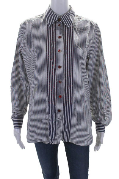 Escada Womens Cotton Striped Embellished Button Down Shirt Blue Size 38