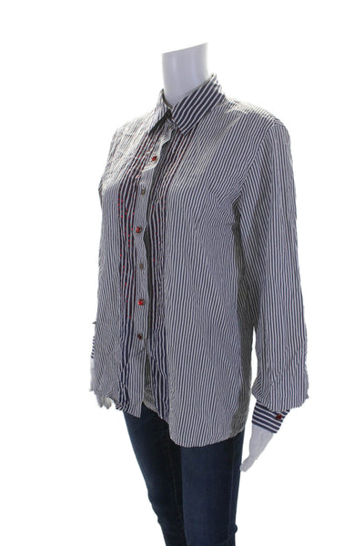 Escada Womens Cotton Striped Embellished Button Down Shirt Blue Size 38