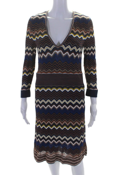 Karen Millen Womens Long Sleeve V Neck Chevron Knit Dress Navy Multi Size Large