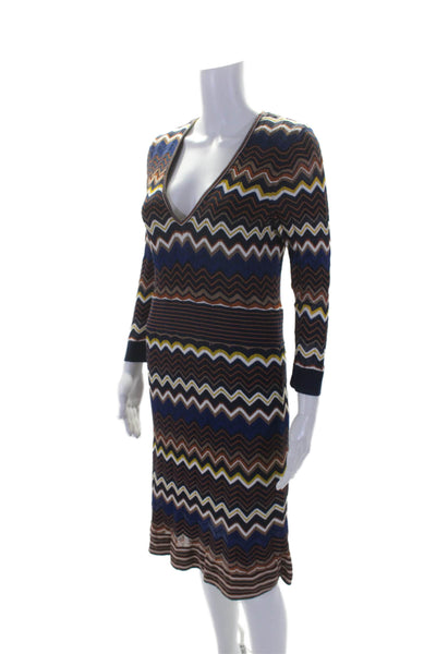 Karen Millen Womens Long Sleeve V Neck Chevron Knit Dress Navy Multi Size Large