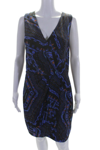 CO OP Barneys New York Womens V Neck Abstract Silk Dress Black Blue Size 8