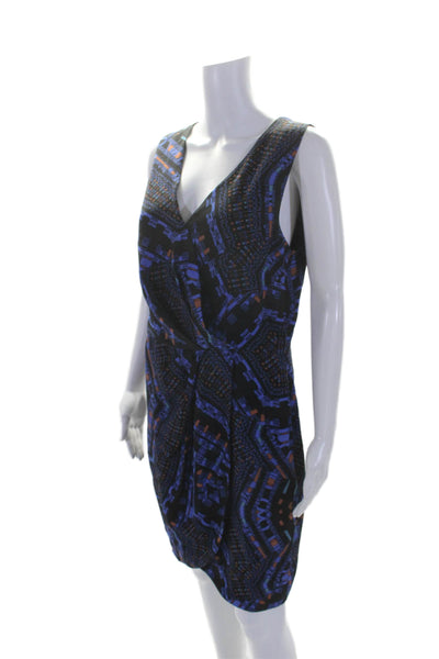 CO OP Barneys New York Womens V Neck Abstract Silk Dress Black Blue Size 8