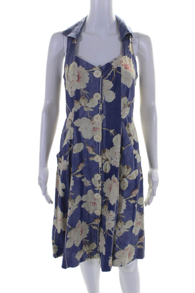 Anthropologie Womens Button Front Collared Floral Shift Dress Blue White Size 6