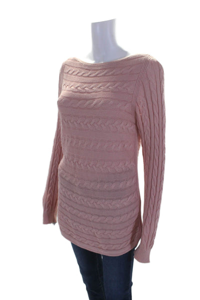 Lauren Ralph Lauren Womens Scoop Neck Cable Knit Sweater Pink Cotton Size Medium