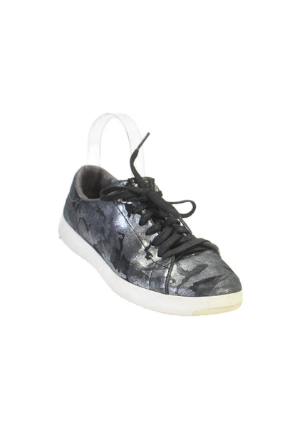 Cole Haan Womens Lace Up Metallic Camouflage Sneakers Black Silver Suede Size 8