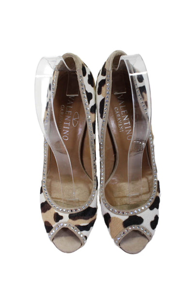 Valentino Garavani Womens Animal Print Texture Studded Heels Beige Size EUR 38.5