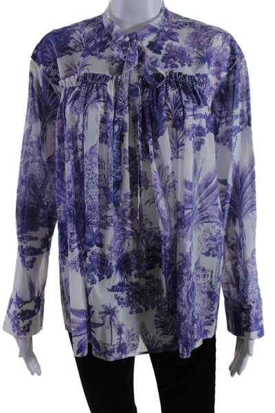 Rochas Womens Long Sleeve Abstract Print V Neck Blouse Purple Medium