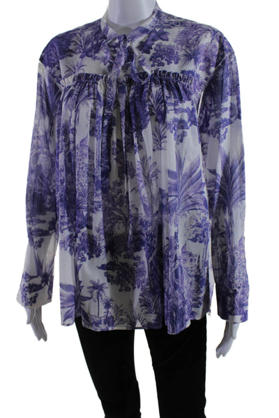 Rochas Womens Long Sleeve Abstract Print V Neck Blouse Purple Medium