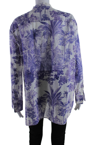 Rochas Womens Long Sleeve Abstract Print V Neck Blouse Purple Medium