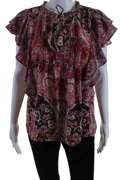 Mariacher Womens Abstract Print Short Sleeve V Neck Blouse Pink Medium