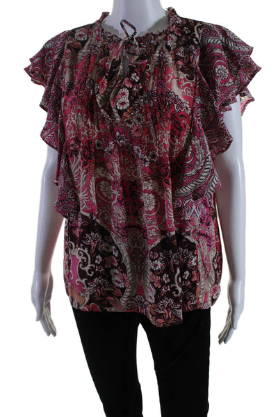 Mariacher Womens Abstract Print Short Sleeve V Neck Blouse Pink Medium