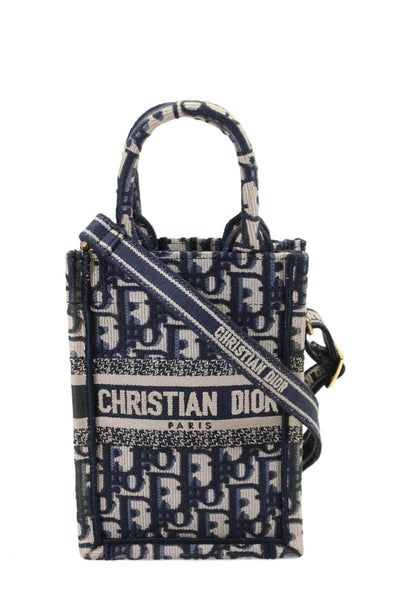 Christian Dior Womens Navy Vertical Oblique Embroidered Mini Book Tote Handbag