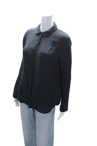 Lacausa Womens Cotton Collared Long Sleeve Button Up Blouse Top Navy Size XS