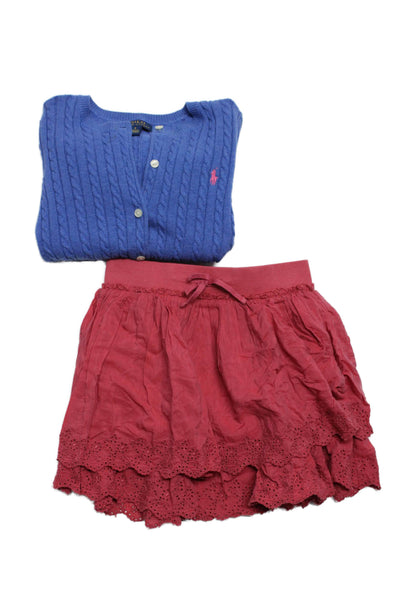 Polo Ralph Lauren Girls Cable Knit Cardigan Sweater Skirt Set Blue Pink Size 6 7